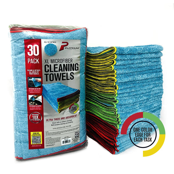 Platinum Series XL Multi-Purpose Microfiber Cleaning Towels, 30 Pack, Blue, Yellow, Green